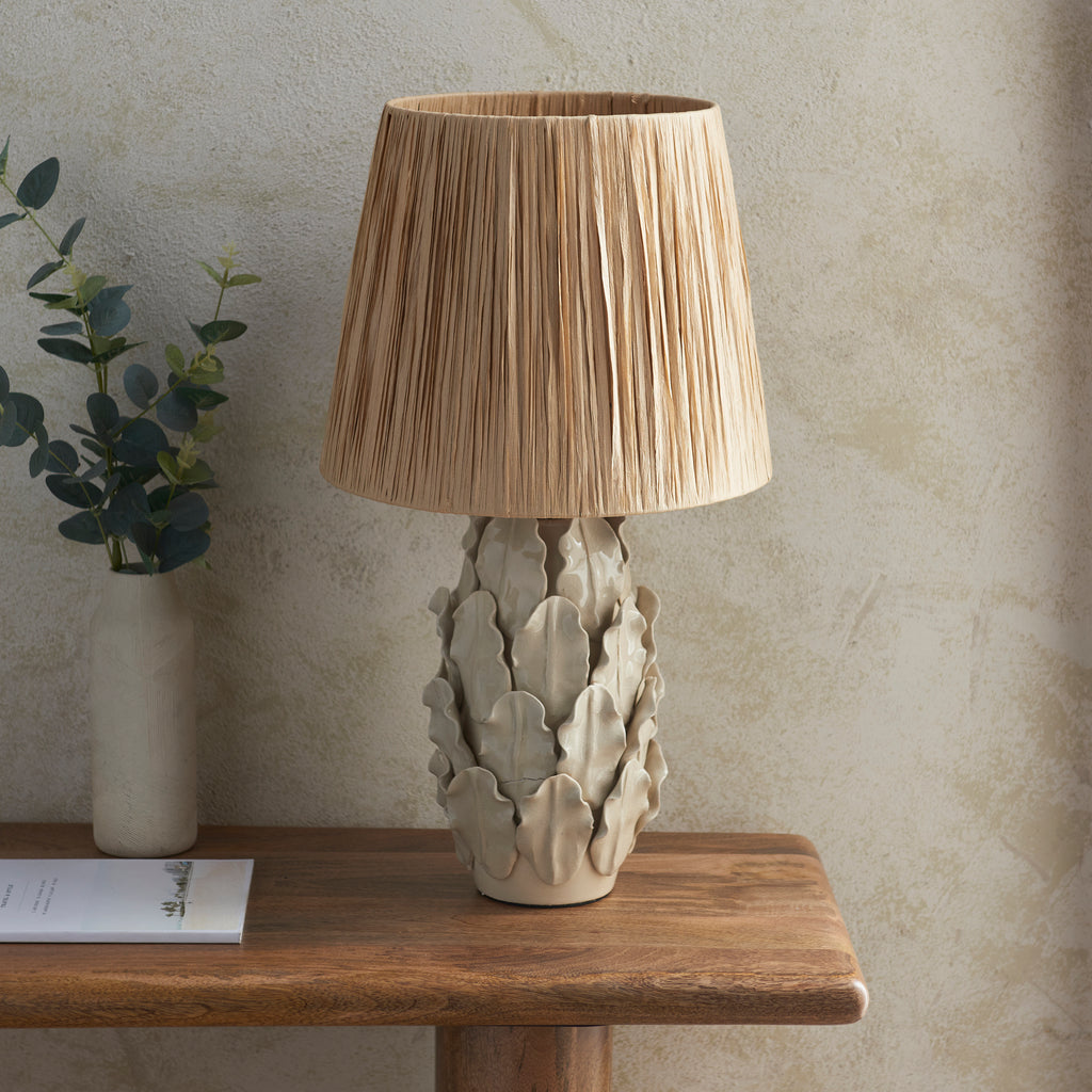 116457 Layered Leaf & Raffia 32cm Table Lamp Ivory