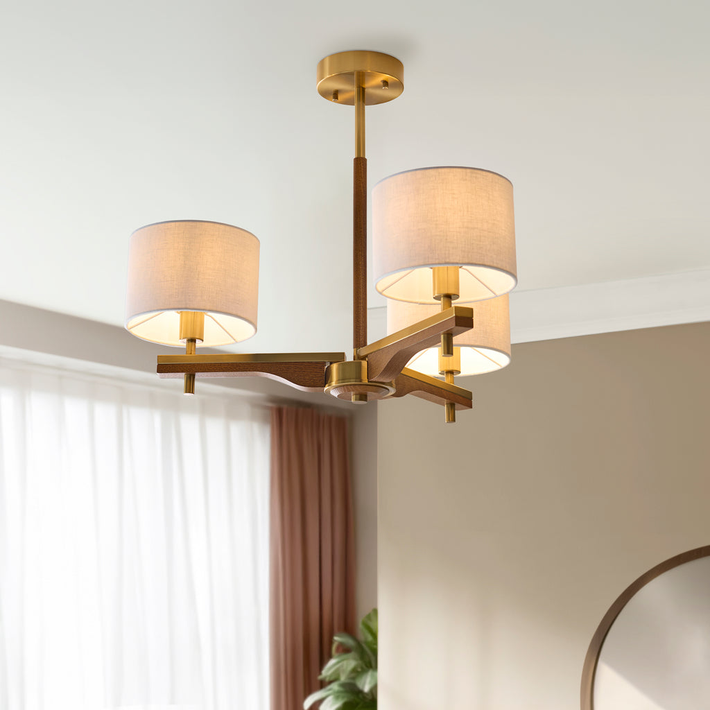 116993 Heathcliff 3 Light Semi Flush Ceiling Brass Wood