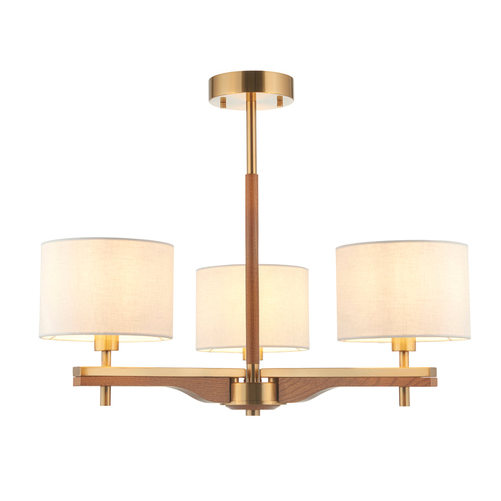116993 Heathcliff 3 Light Semi Flush Ceiling Brass Wood