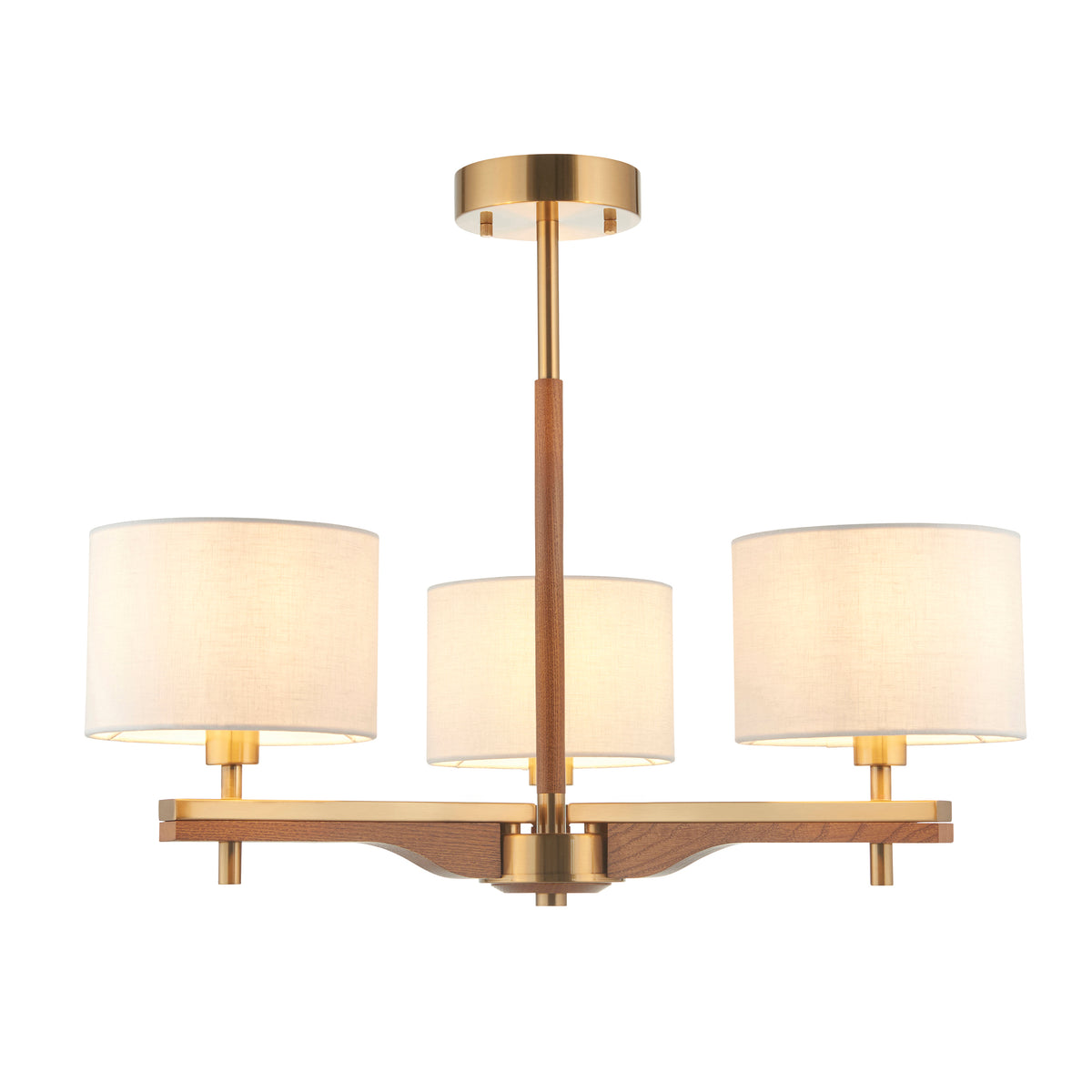 116993 Heathcliff 3 Light Semi Flush Ceiling Brass Wood