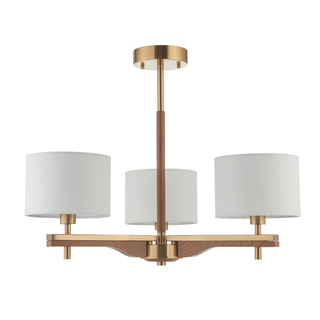 116993 Heathcliff 3 Light Semi Flush Ceiling Brass Wood