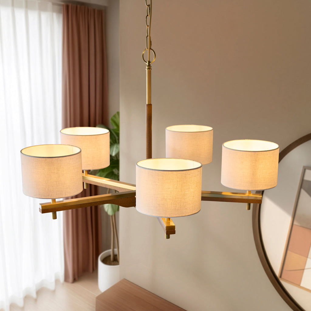 116994 Heathcliff 5 Light Pendant Brass Wood