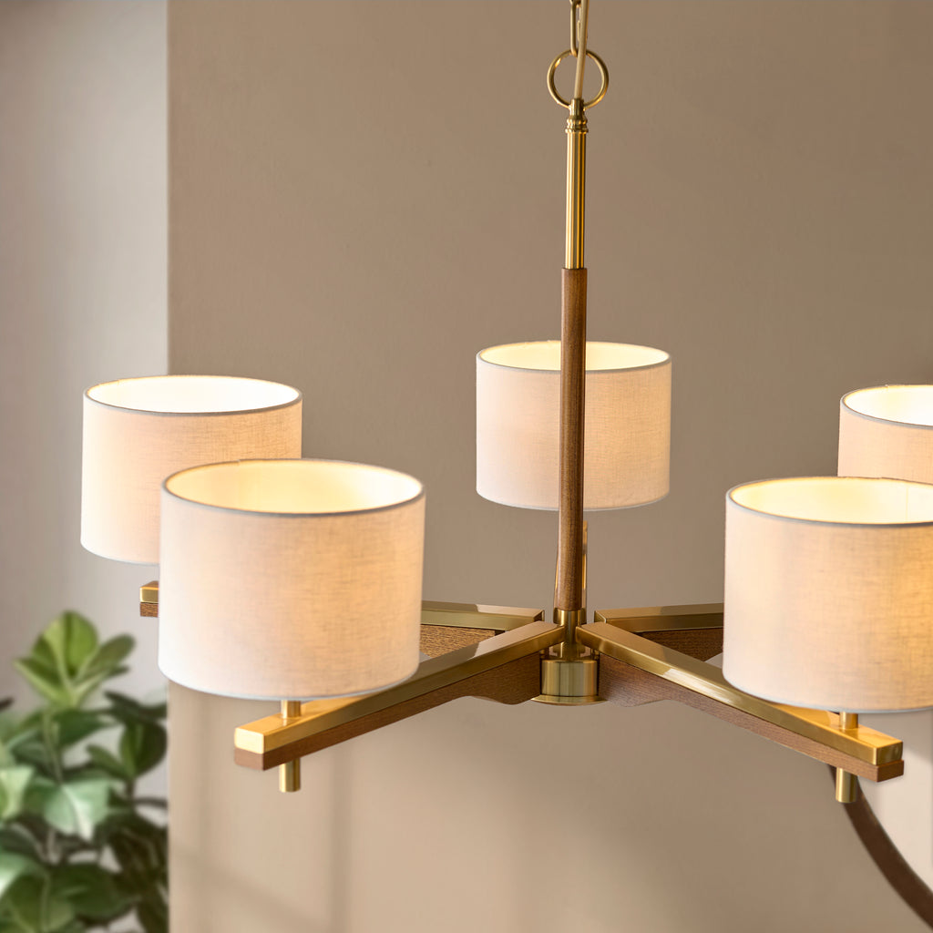116994 Heathcliff 5 Light Pendant Brass Wood