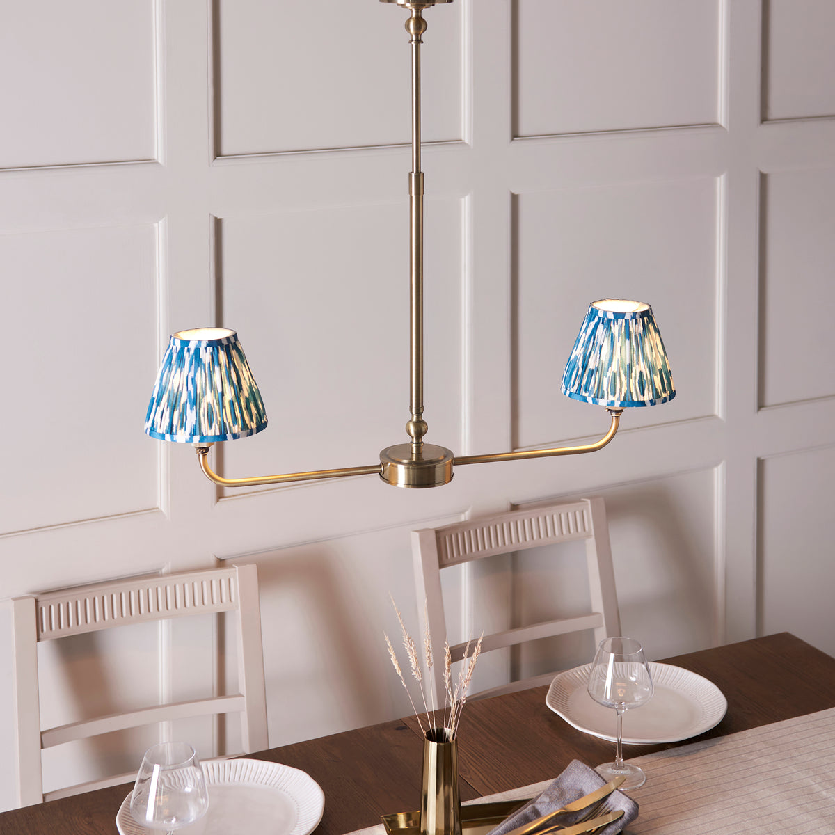 118086 Lille & Ikat 16cm 2 Light Pendant Brass Blue