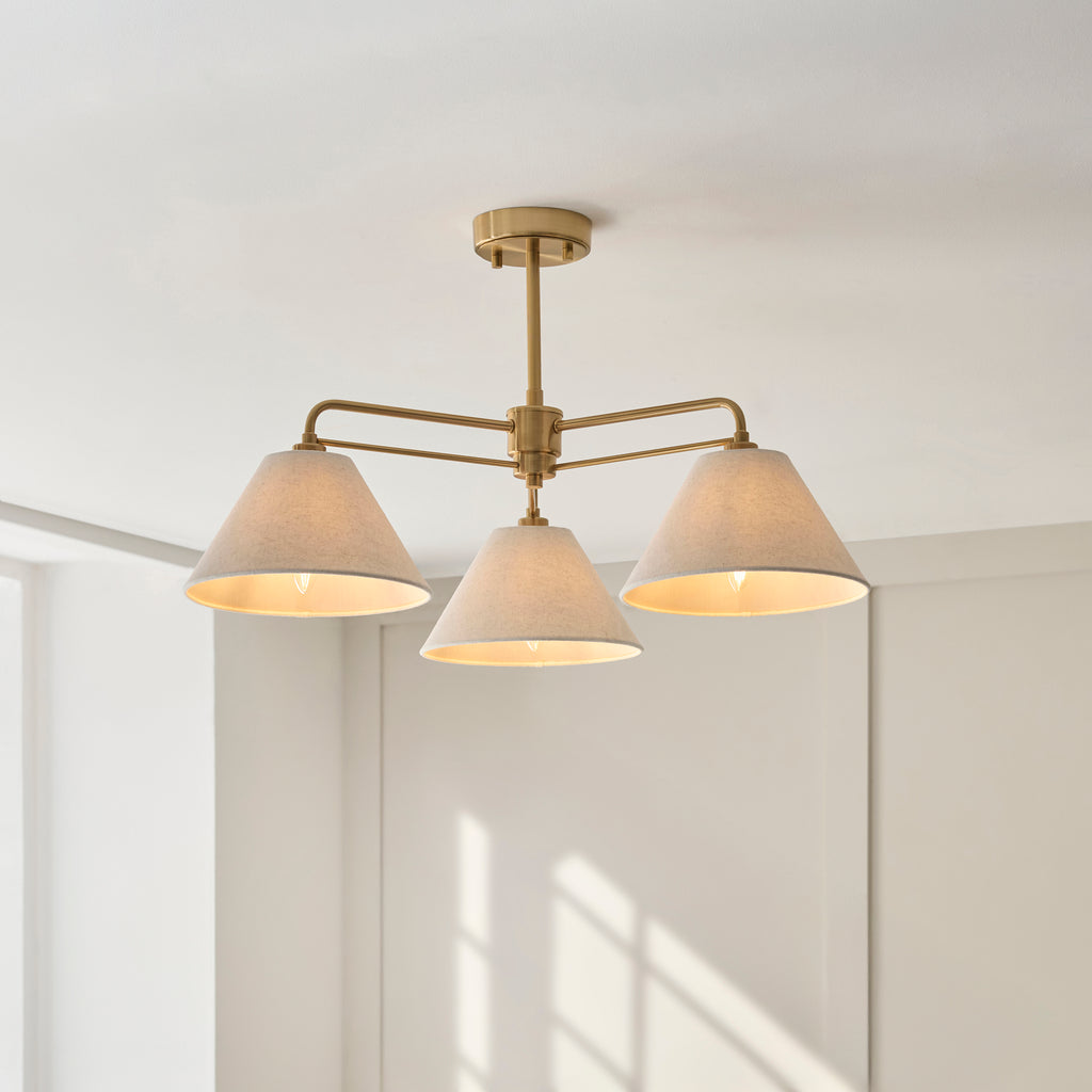 120303 Wallbridge 3 Light Semi Flush Ceiling Brass