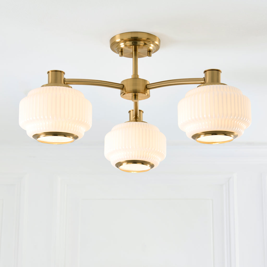 122786 Evora 3 Light Semi Flush Ceiling Brass Opal
