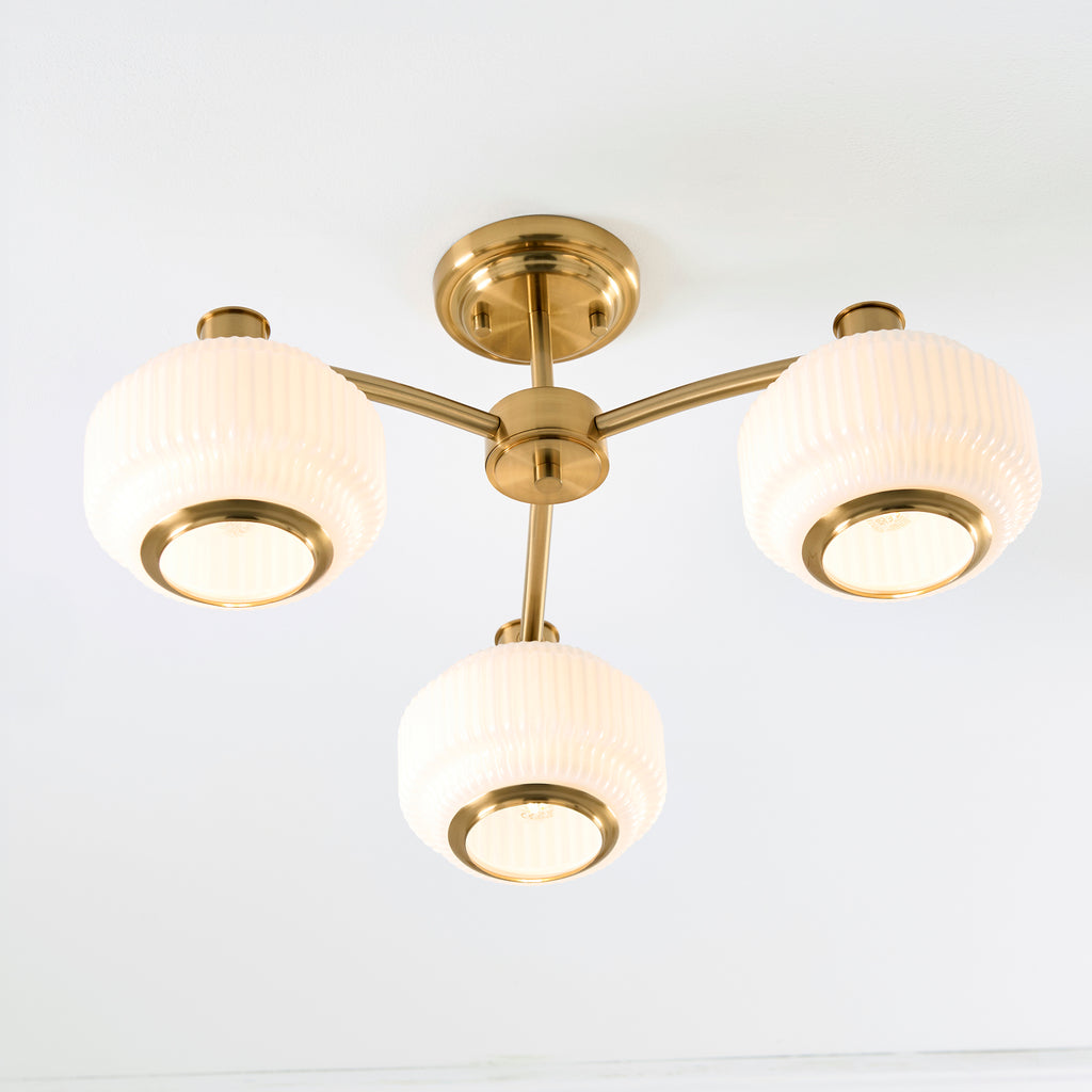 122786 Evora 3 Light Semi Flush Ceiling Brass Opal