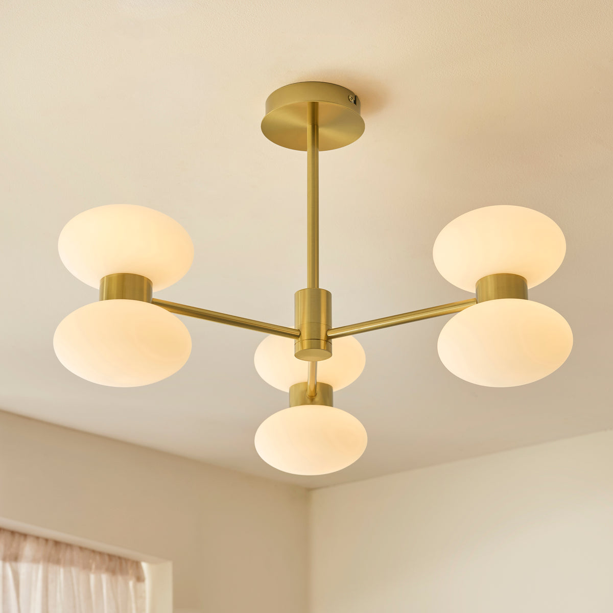 124813 Rossano 6 Light Semi Flush Ceiling Brass White