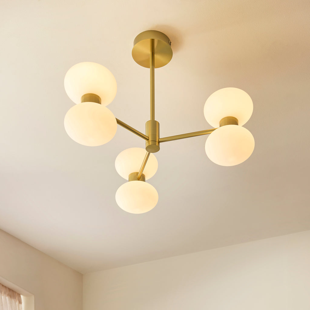 124813 Rossano 6 Light Semi Flush Ceiling Brass White