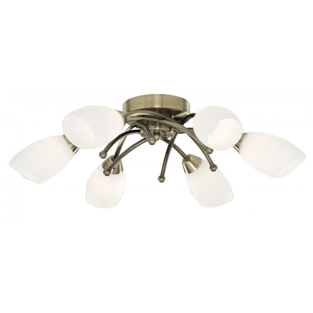8186-6AB Opera 6 Light Antique Brass Flush With Opal Glass