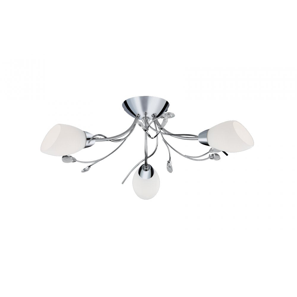 1763-3CC Gardenia 3 Light Chrome Semi-flush Fitting White Glass Crystal Leaf