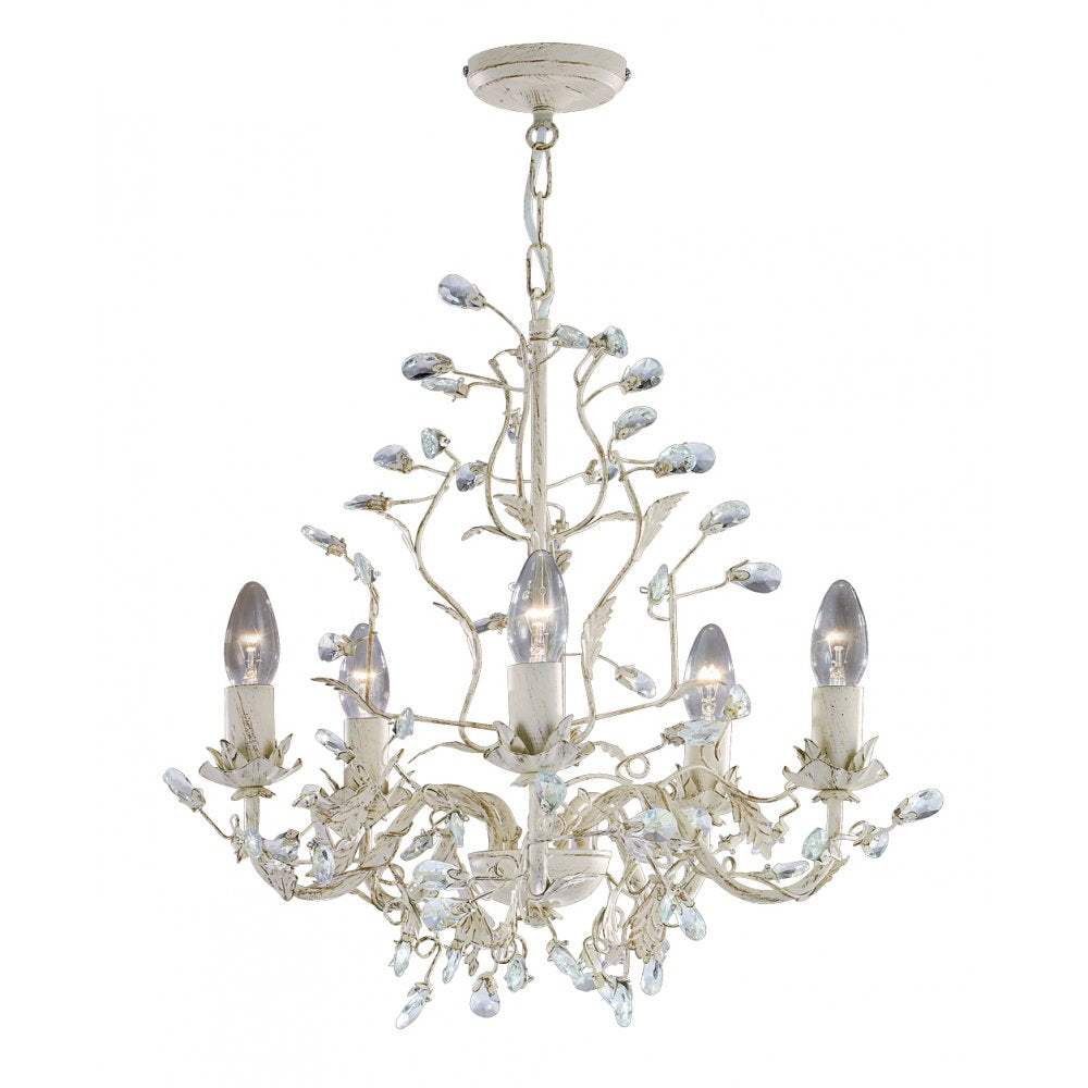 2495-5CR Almandite - 5 Light Ceiling Cream Gold Finish With Leaf Dressing And Clear Crystal Deco