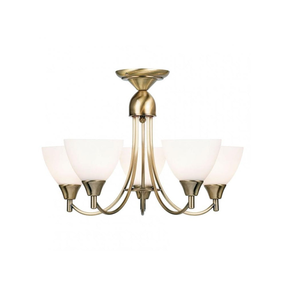 1805-5AN Alton 5 Light Pendant Antique Brass Plate & Matt Opal Glass