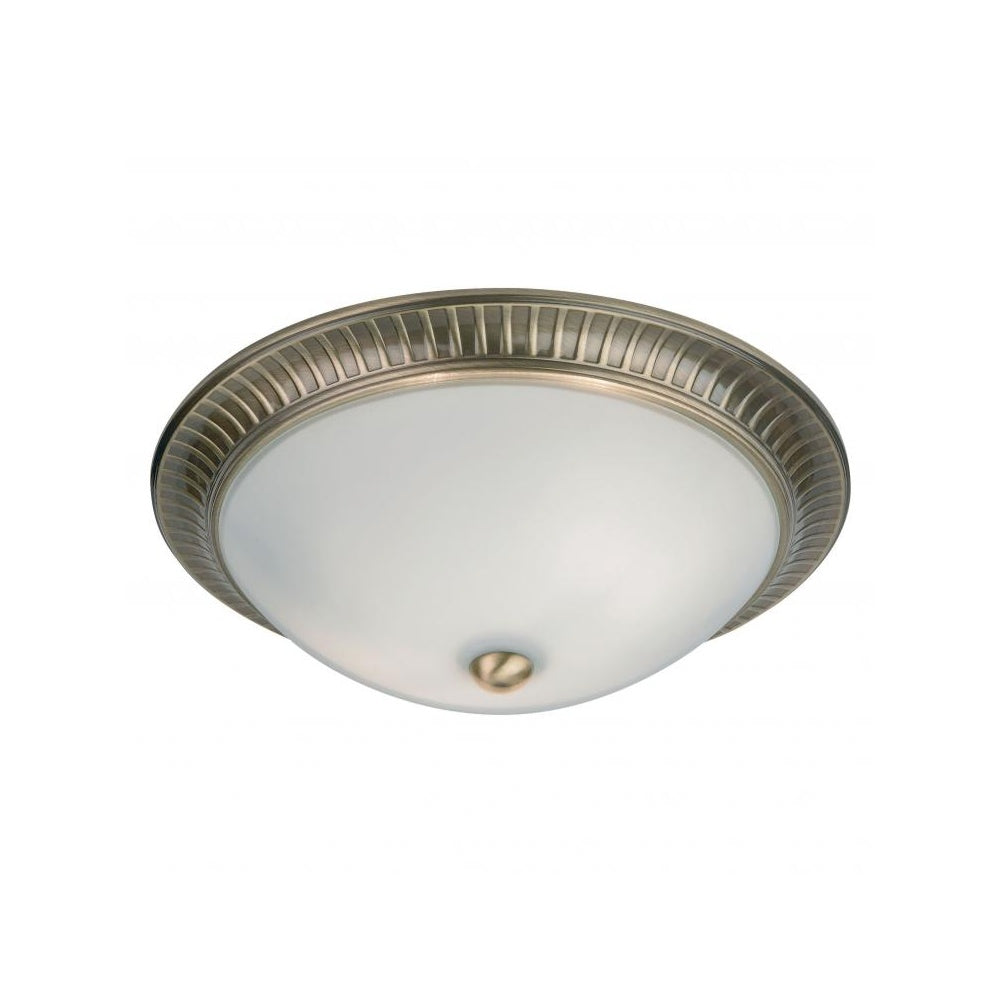 91123 Brahm 2 Light Flush Celing Light Antique Brass Plate & Frosted Glass