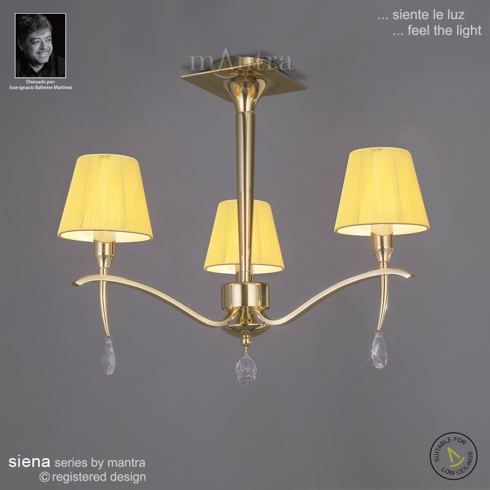 M0346PB Siena Semi Flush Round 3 Light E14 Polished Brass Amber Cream Shades And Clear Crystal