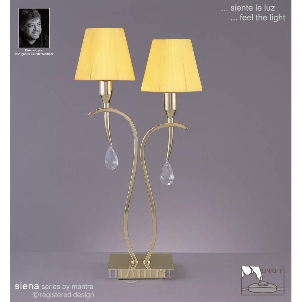 M0350PB Siena Table Lamp 2 Light E14 Polished Brass Amber Cream Shades And Clear Crystal