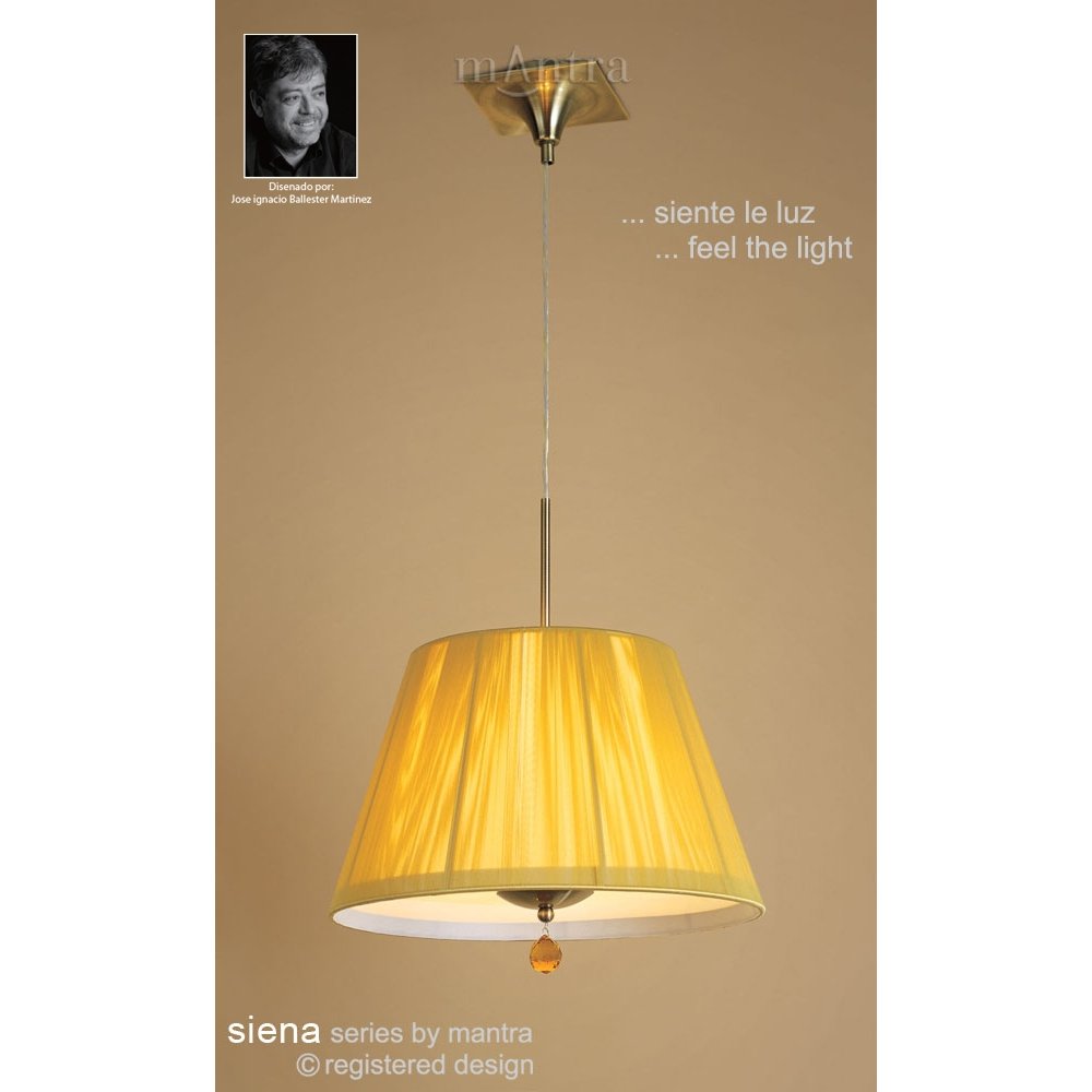 M0386AB Siena Pendant Round 1 Light E27 Antique Brass Amber Cream Shade And Amber Crystal