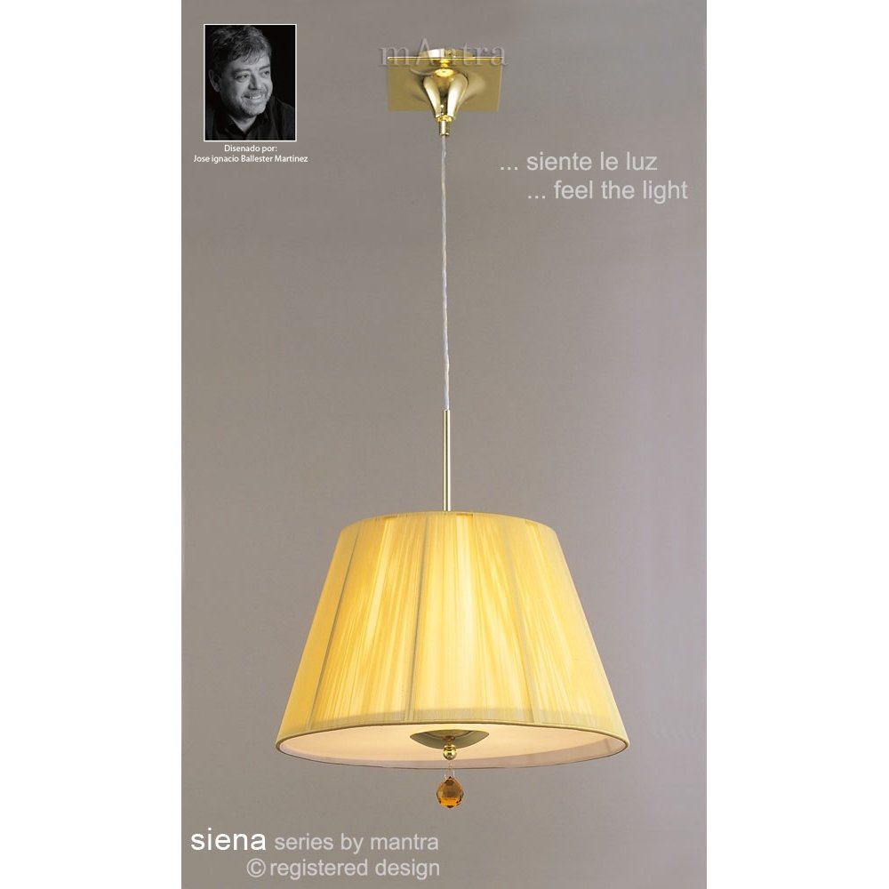 M0386PB Siena Pendant Round 1 Light E27 Polished Brass Amber Cream Shade And Clear Crystal