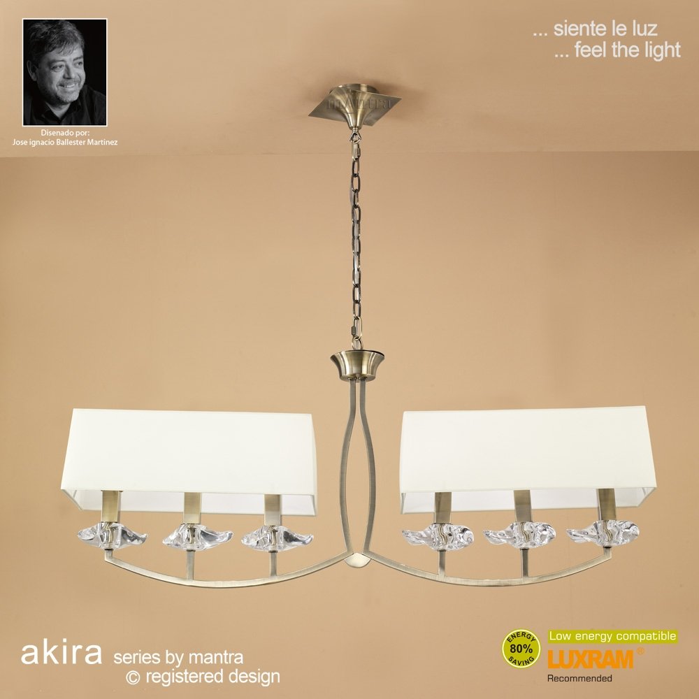 M0781AB Akira Linear Pendant 2 Arm 6 Light E14 Antique Brass Cream Shades