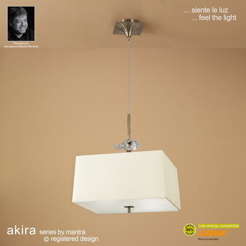 M0784AB Akira Square Pendant 4 Light E27 Antique Brass/Frosted Glass Cream Shade