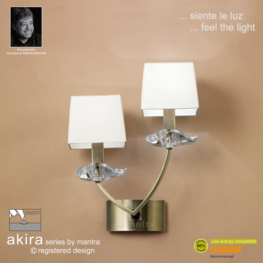 M0787AB/S Akira Wall Lamp Switched 2 Light E14 Antique Brass Cream Shades
