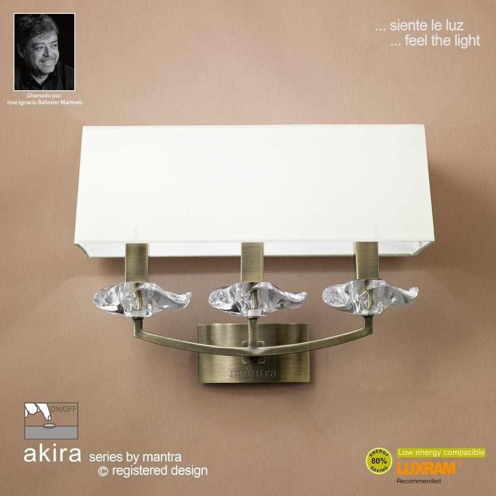 M0788AB/S Akira Wall Lamp Switched 3 Light E14 Antique Brass Cream Shade