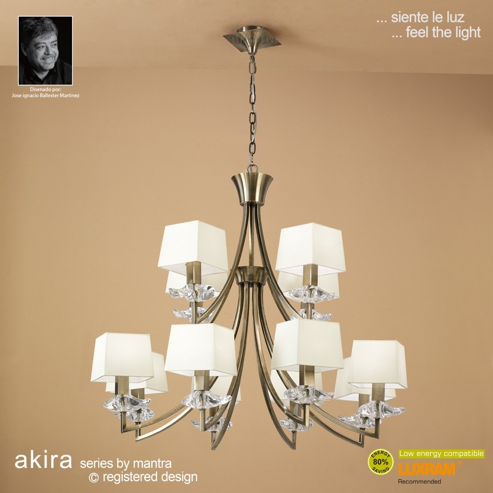 M0792AB Akira Pendant 2 Tier 12 Light E14 Antique Brass Cream Shades