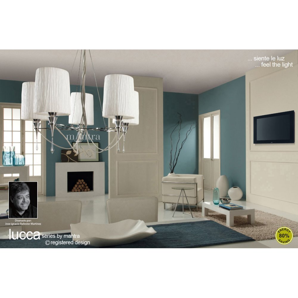 M1310 Lucca Pendant 5 Light E27 Polished Chrome White Shades & Clear Crystal
