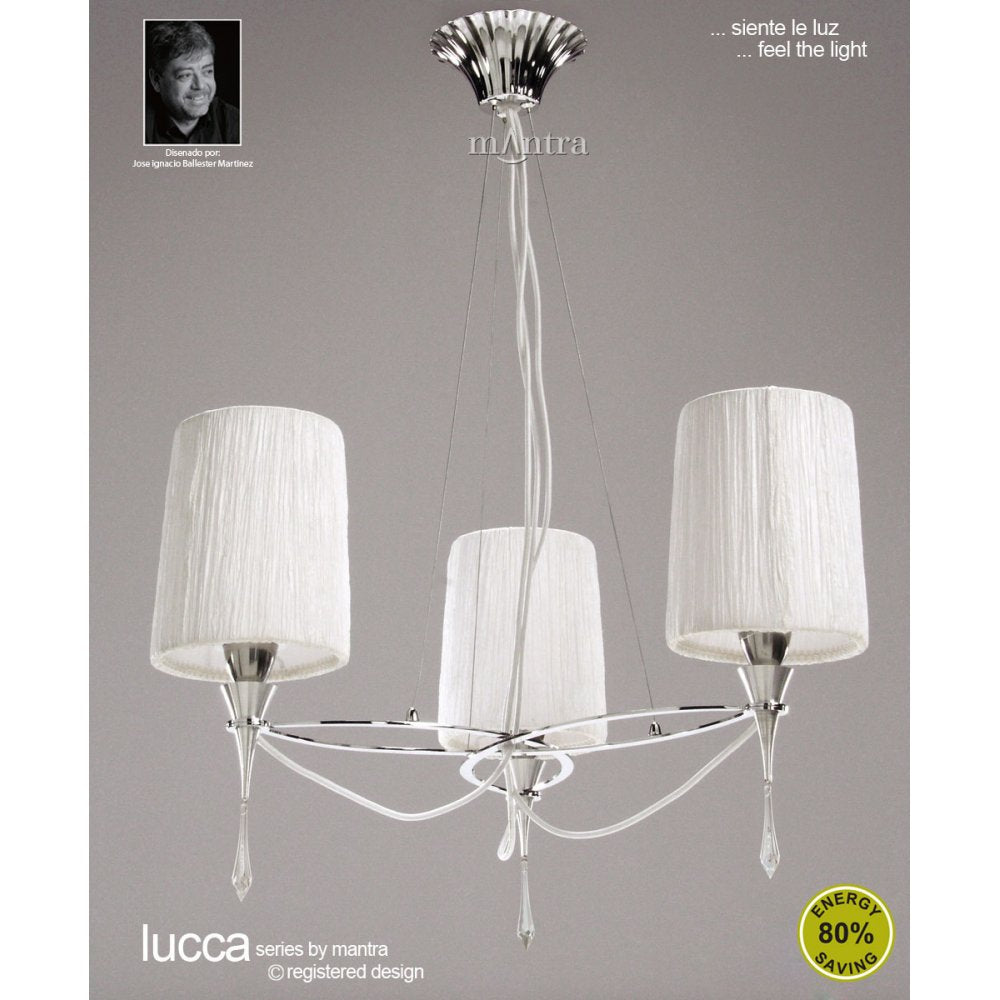 M1313 Lucca Pendant 3 Light E27 Polished Chrome White Shades & Clear Crystal