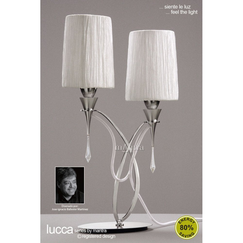 M1314 Lucca Table Lamp 2 Light E27 Polished Chrome White Shades & Clear Crystal