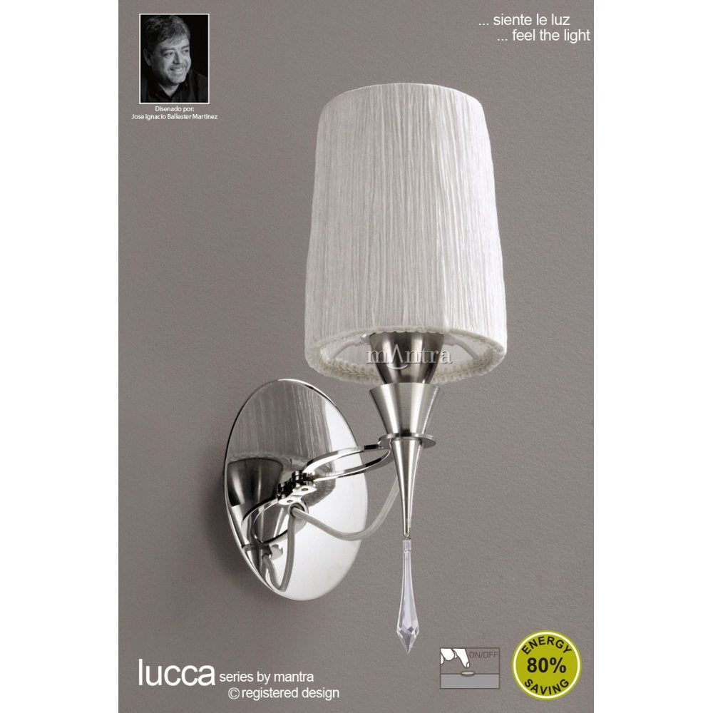 M1317/S Lucca Wall Lamp Switched 1 Light E27 Polished Chrome White Shade & Clear Crystal