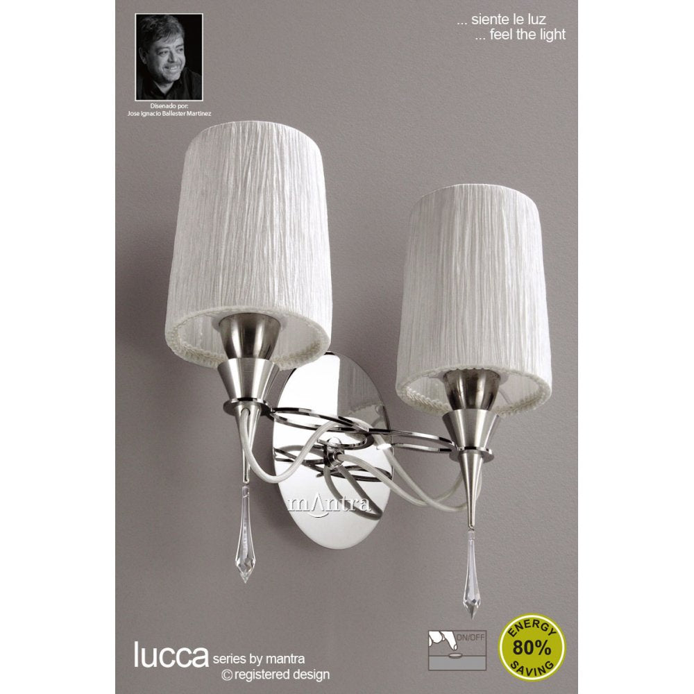 M1318/S Lucca Wall Lamp Switched 2 Light E27 Polished Chrome White Shades & Clear Crystal
