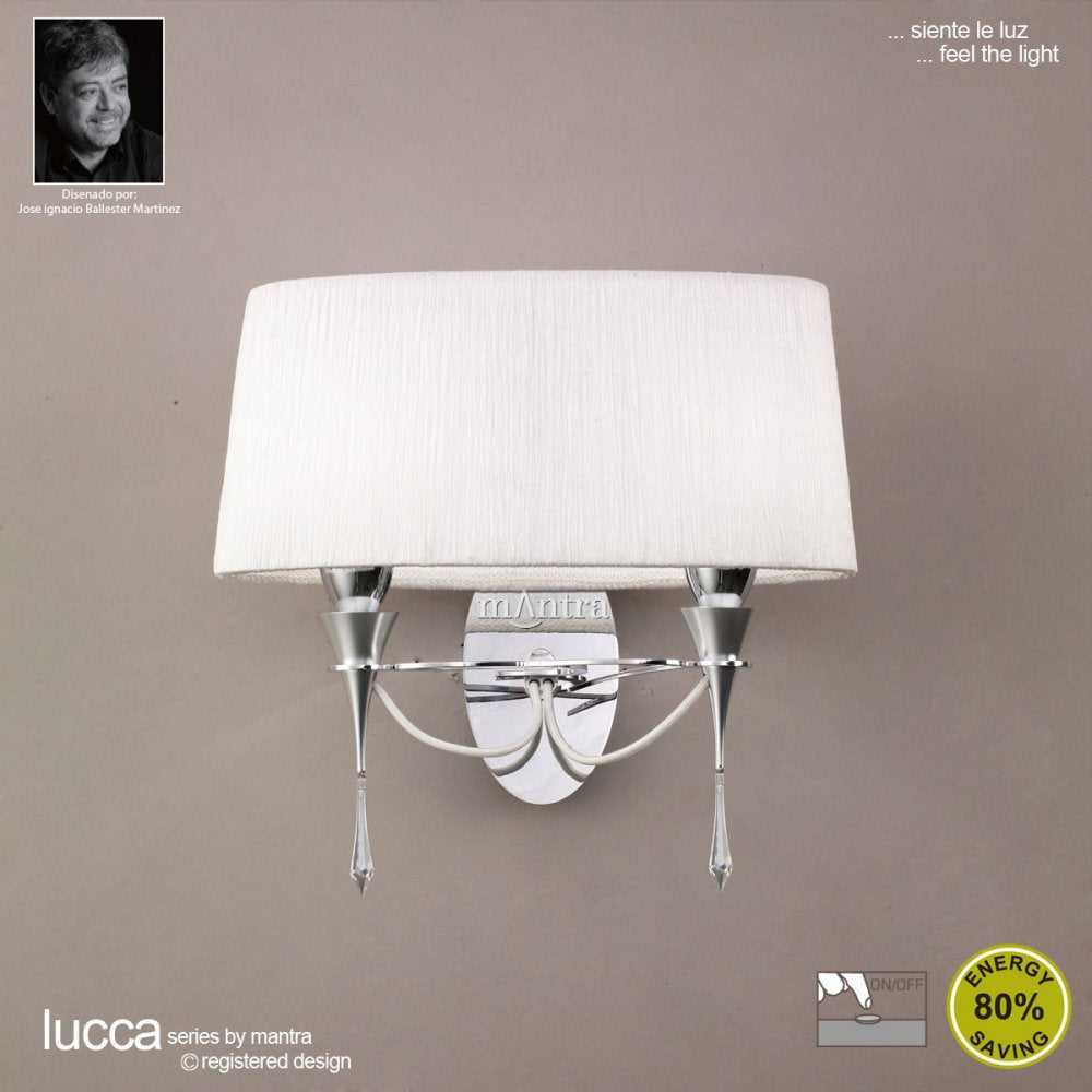 M1340/S Lucca Wall Lamp Switched 2 Light E27 Polished Chrome White Shade & Clear Crystal