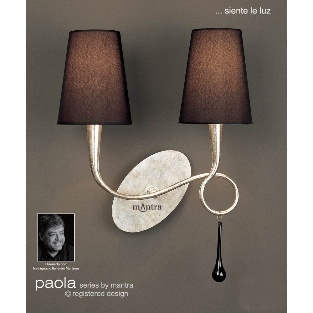 M0537 Paola Wall Lamp 2 Light E14 Silver Painted Black Shades & Black Glass Droplets