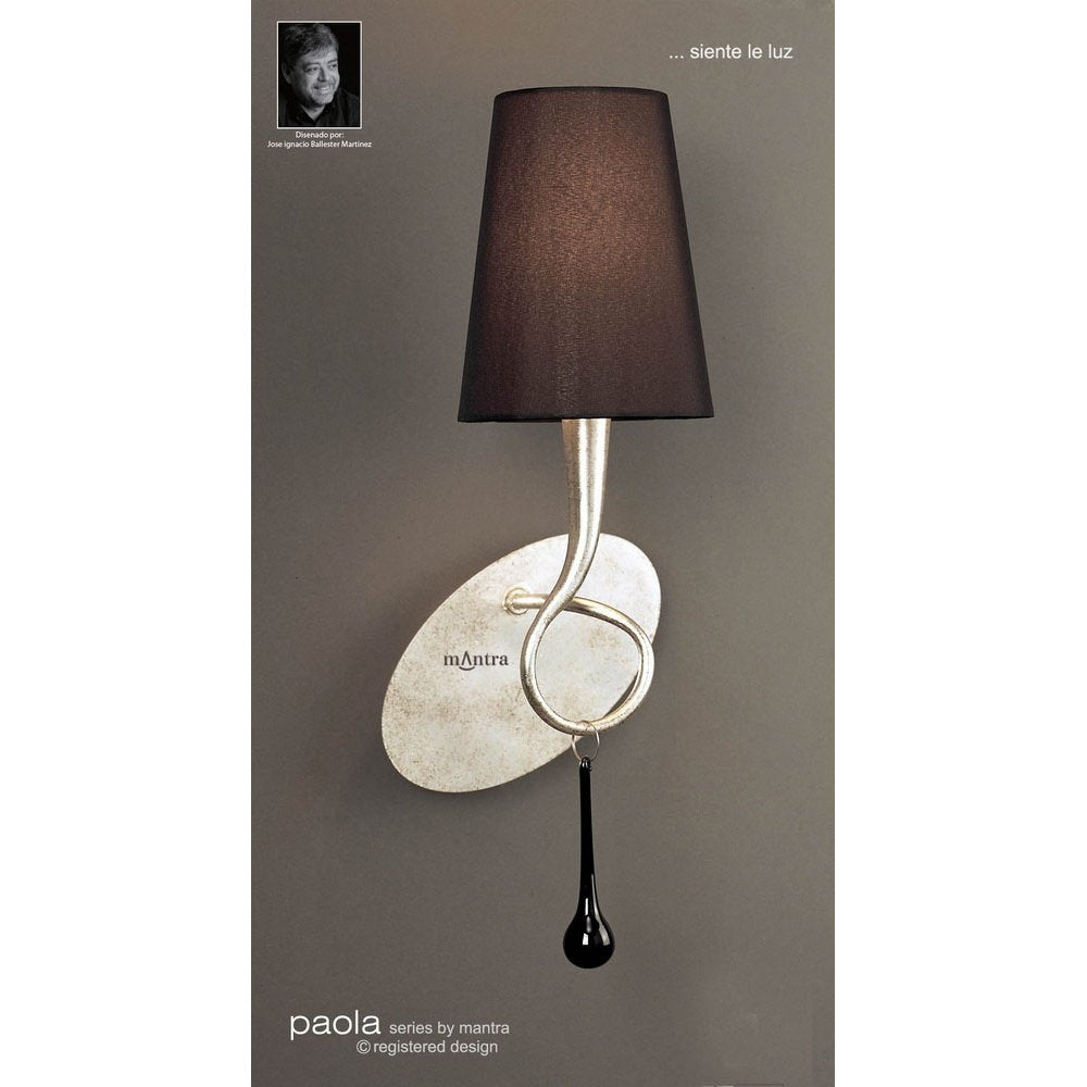 M0538 Paola Wall Lamp 1 Light E14 Silver Painted Black Shade & Black Glass Droplets