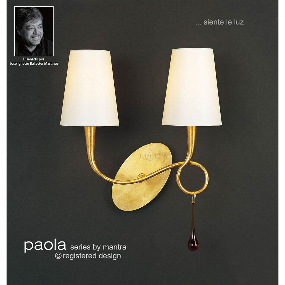 M0547 Paola Wall Lamp 2 Light E14 Gold Painted Cream Shades & Amber Glass Droplets
