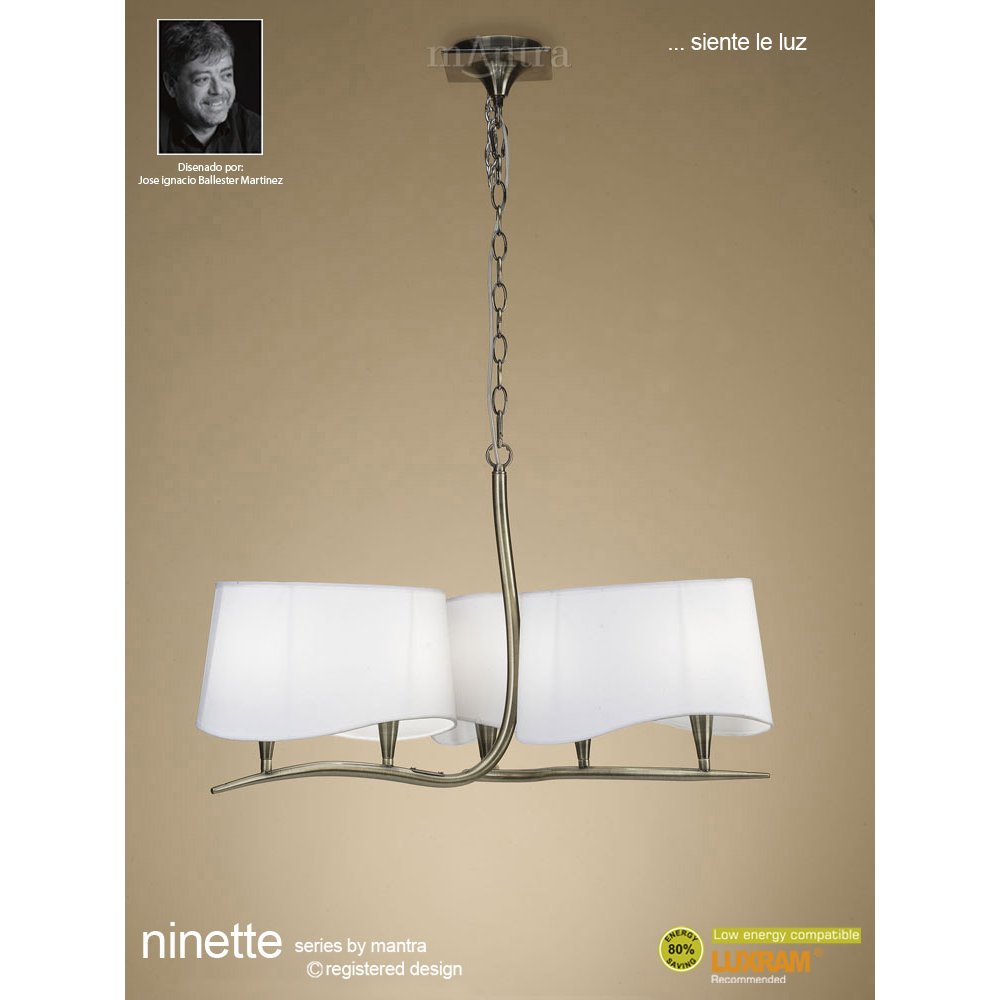 M1920 Ninette Pendant 3 Arm 6 Light E14 Antique Brass Ivory White Shades