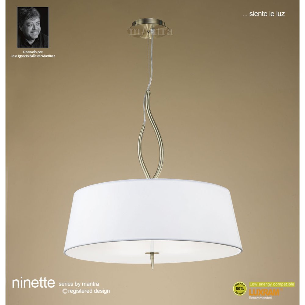 M1922 Ninette Pendant 4 Light E27 Antique Brass Ivory White Shades