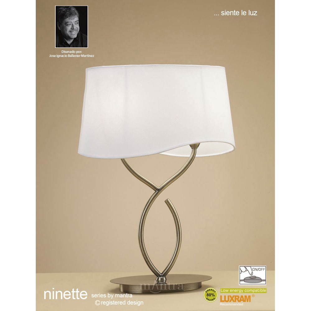 M1926 Ninette Table Lamp 2 Light E14 Large Antique Brass Ivory White Shade