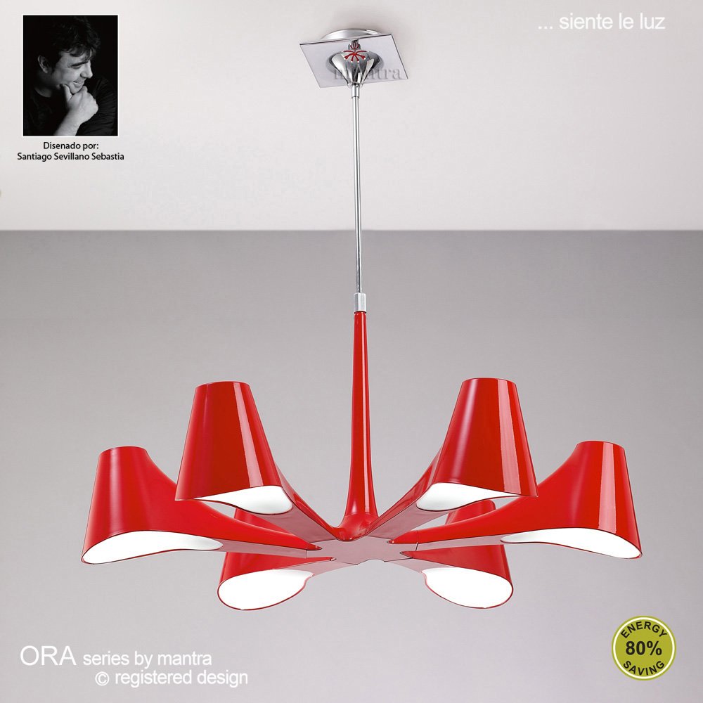 M1600 Ora Telescopic Convertible To Semi Flush 6 Light E27 Gloss Red/White Acrylic/Polished Chrome