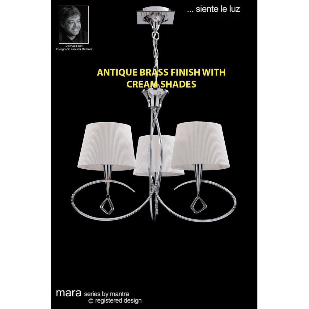 M1640AB Mara Pendant 3 Light E14 Antique Brass Ivory White Shades
