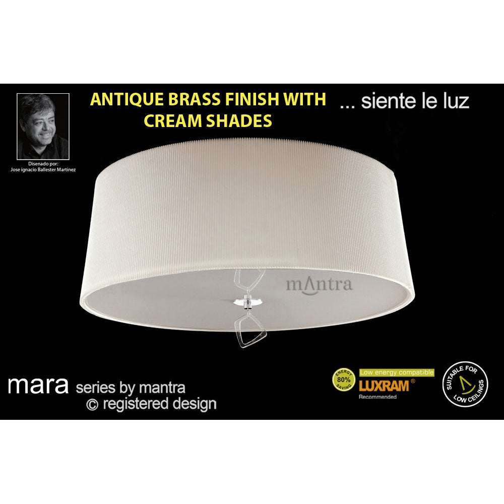 M1646AB Mara Flush Ceiling 4 Light E27 Round Antique Brass Ivory White Shade