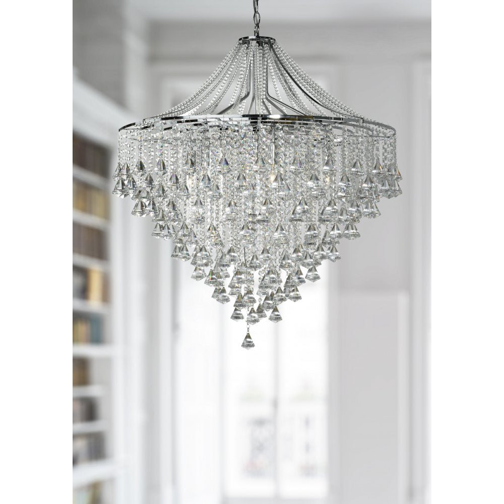 3497-7CC Dorchester - 7 Light Ceiling Chrome With Clear Crystal Buttons & Pyramid Drops