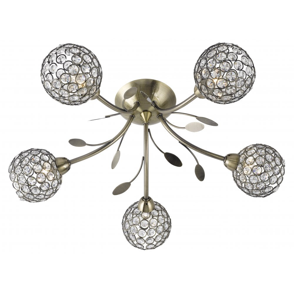 6575-5AB Bellis Ii - 5 Light Ceiling Semi-flush Antique Brass Clear Glass Deco Shade