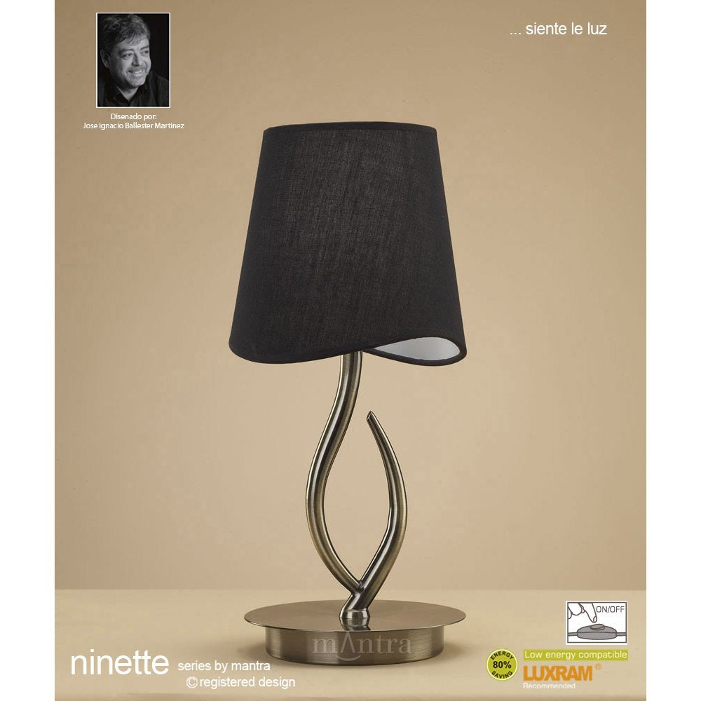 M1925/BS Ninette Table Lamp 1 Light E14 Small Antique Brass Black Shade