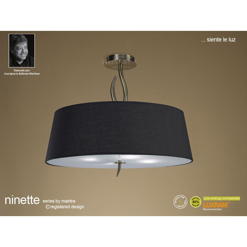 M1928/BS Ninette Semi Flush 4 Light E27 Antique Brass Black Shade