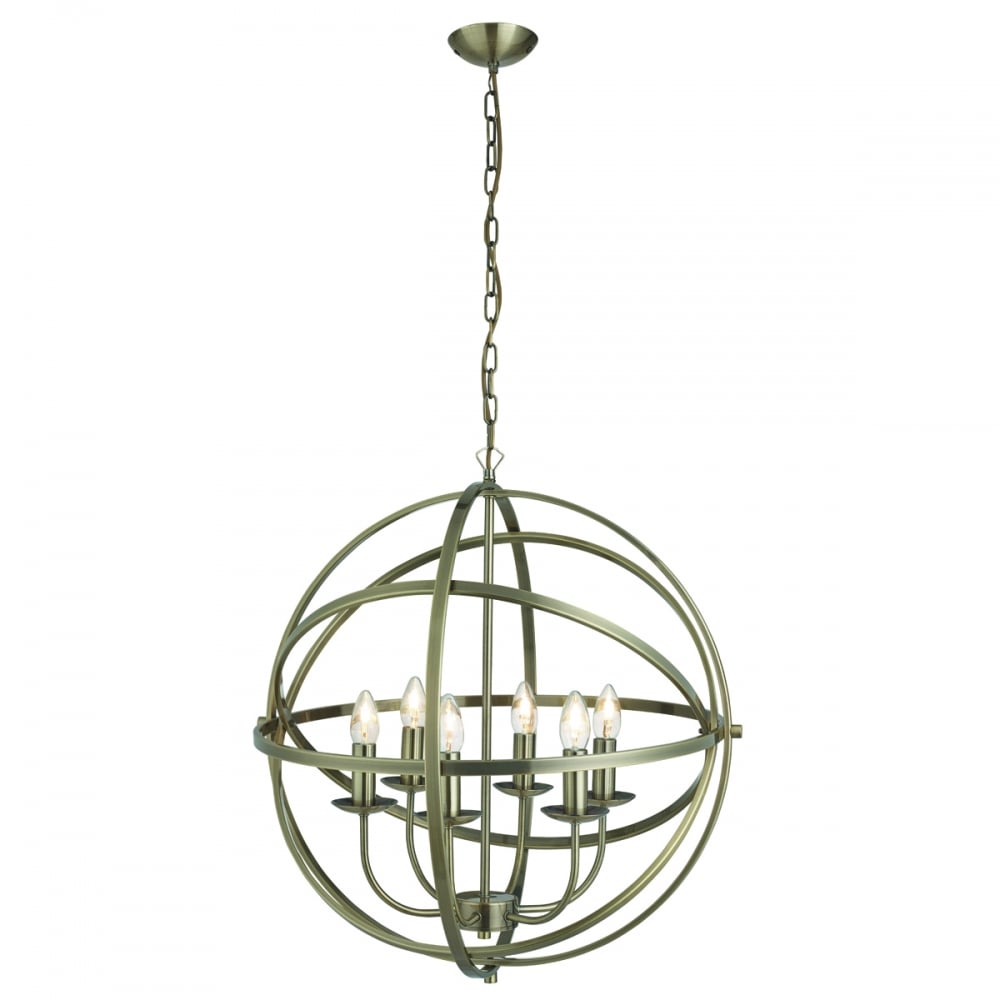 2476-6AB Orbit 6 Light Cage Frame Orb Pendant Antique Brass