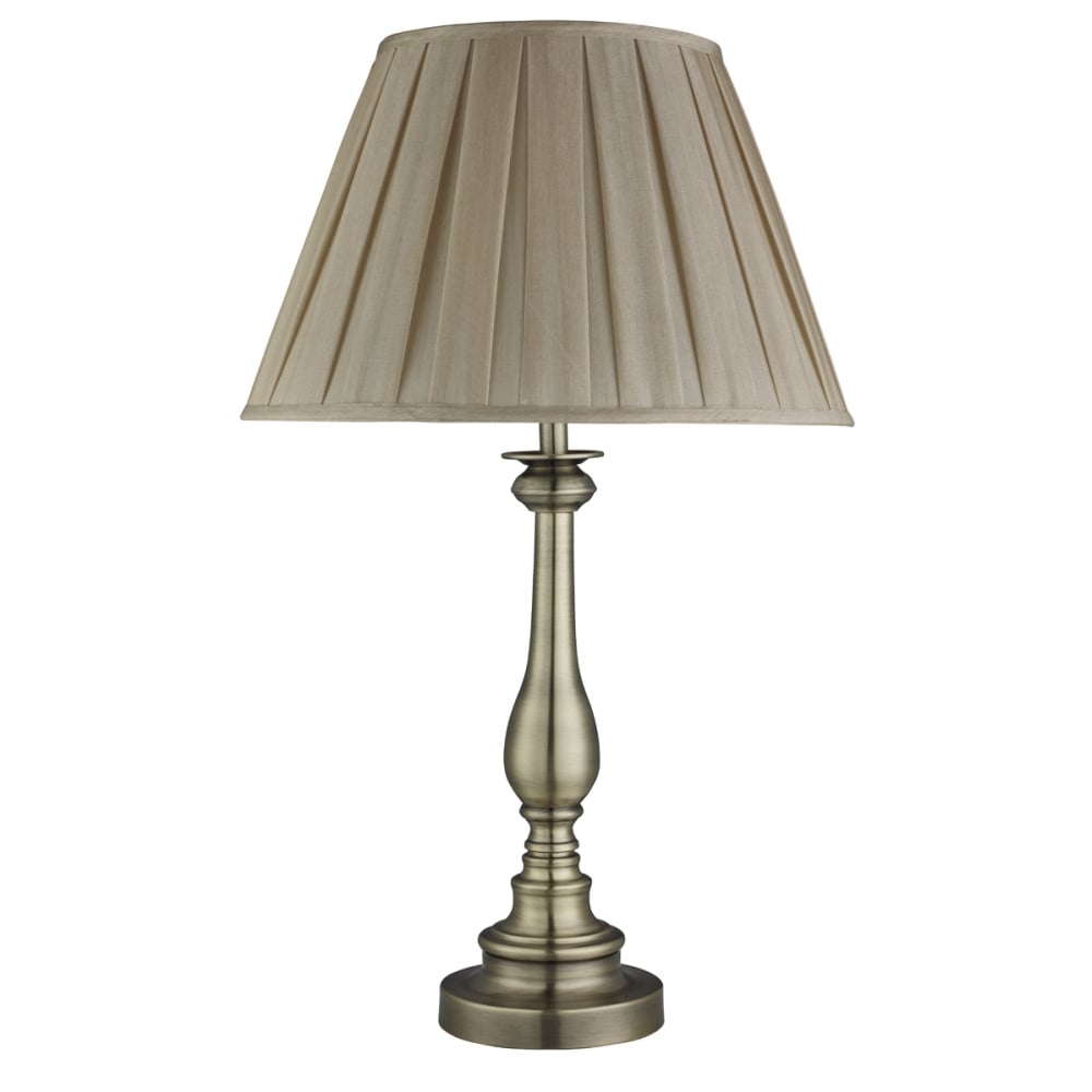 4023AB Flemish Table Lamp Spindle Base Antique Brass Mink Pleated Shade