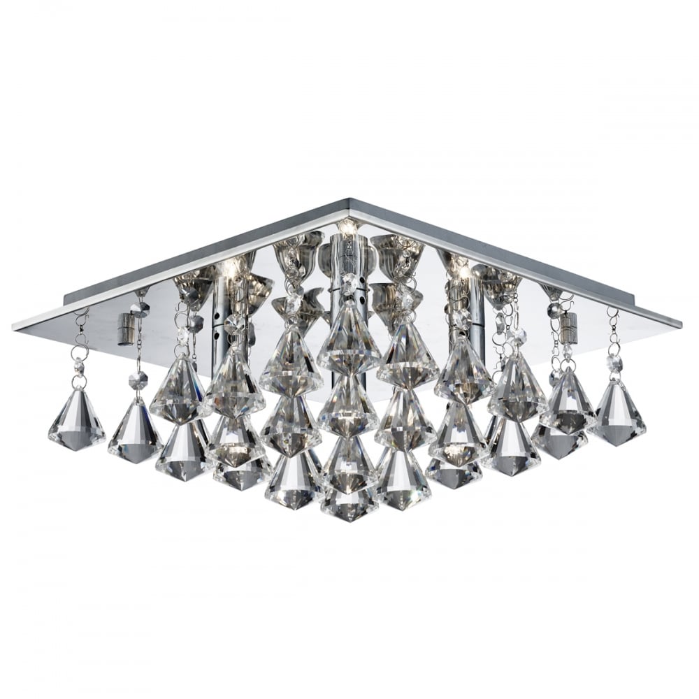 7304-4CC Hanna - 4 Light Square Flush Ceiling Chrome Clear Crystal Pyramid Drops