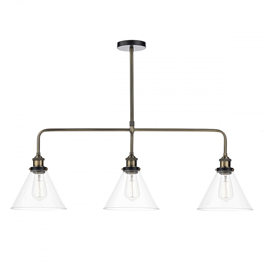 Dar RAY0375 Ray 3 Light Bar Pendant Antique Brass Clear